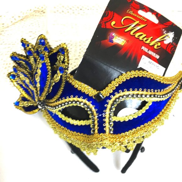 Venetian Blue Velvet Gold Carnival Mask NWT